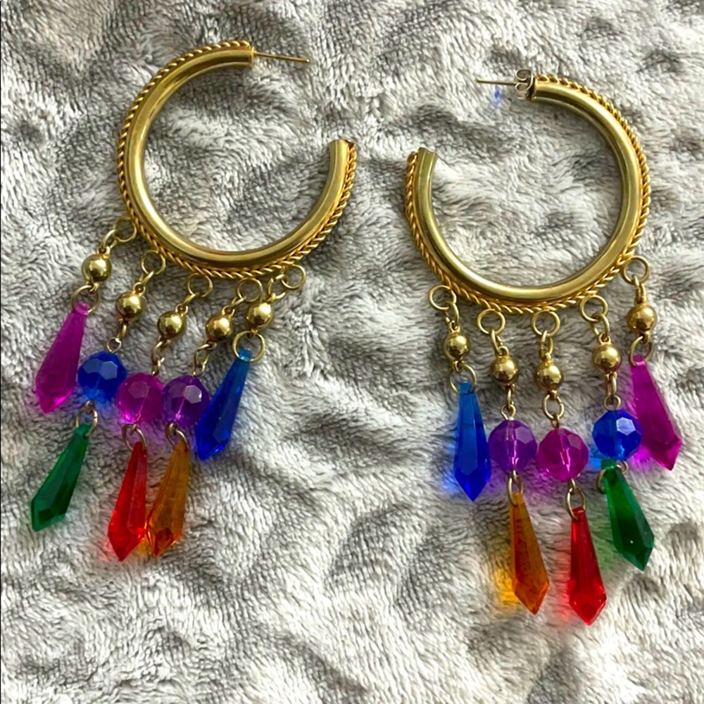 Vintage Gold Tone Hoop Earrings Rainbow